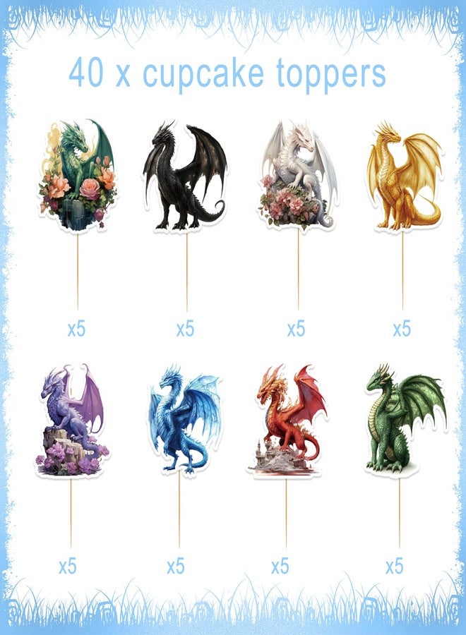 EoBeCy 40 Pcs Dragon Birthday Party Decorations, Fantasy Dragon Cupcake Toppers, Mystical Cupcake Picks for Birthday Parties and Events (8 Designs) - Image 2